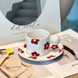 Ensemble tasse et soucoupe en grès de haute qualité pour café, cadeau Saint-Valentin, capacité 250 ml, mugs en céramique portables à motifs variés - Product Image 6