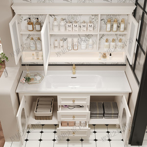 Mueble de Baño de Roble Estilo Americano Color Crema Francés con <span class=keywords><strong>Espejo</strong></span> Inteligente, Lavabo Integrado de Cerámica Impermeable y Superficie de Piedra - Product Image 5
