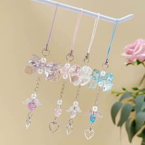 Correa de cuentas para teléfono móvil con dije de corazón y lazo de mariposa, bonita para colgar, accesorios para llavero de teléfono móvil - Product Image 4