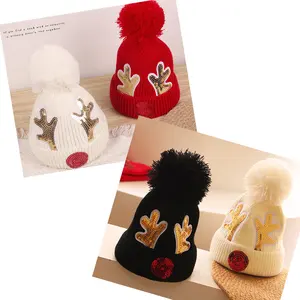 2024 New Products Cute Christmas Antlers Autumn Winter Korean Cartoon Sequins Children Baby Knitted Hat Beanie With Pom Pom