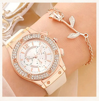 Jam Tangan Set Mewah Berhias Berlian Imitasi Wanita Fashion Elegan Arloji Kuarsa untuk Gadis Wanita Jam Relogio Feminino