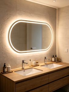 กระจกห้องน้ำติดผนังรูปวงรีพร้อมไฟ LED, กรอบสีทองบางเฉียบ, กระจกแต่งหน้าอัจฉริยะพร้อมสวิตช์สัมผัส, ฟังก์ชั่นป้องกันฝ้าสำหรับโรงแรม - Product Image 6