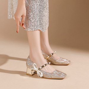 Chaussures de mariage pour femmes, talons hauts pour dames, sandales d'été à talons pour mariée, décoration de nœud pour robe de mariée, perle 5CM - Product Image 3