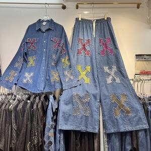 2025 rétro printemps et automne nouvelle industrie lourde bâton perceuse Denim chemise + haute rue mode jambe large minceur pantalon costume - Product Image 1