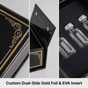 Scatola Regalo Magnetica di Lusso Personalizzata per Fiale, Finitura Nera Lucida con Bordo in Lamina d'Oro per Fiale Farmaceutiche, Mercato USA - Product Image 2