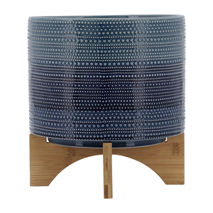 Vaso cilindrico in gres punteggiato con supporto in bambù per piante da interno ed esterno, vaso decorativo per fiori - Product Image 2
