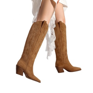<span class=keywords><strong>Bottes</strong></span> d'équitation pour femmes en faux daim brodé style western, hauteur genou, bout pointu, talon bas, rehaussantes, printemps/été/hiver - Product Image 1