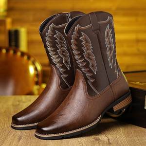 Bottes de cowboy western montantes brodées pour hommes, bottes de chevalier tendance à blocs de couleur, bottes d'équitation à bout carré - Product Image 2