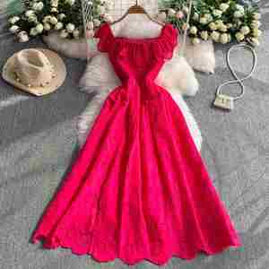 ชุดแมกซี่เดรสเปิดไหล่ผ้าลูกไม้สำหรับฤดูร้อนชุดเดรสชายหาดสไตล์โบฮีเมียนเอวยางยืดมีระบายผ่าสูงสำหรับวันหยุด - Product Image 1