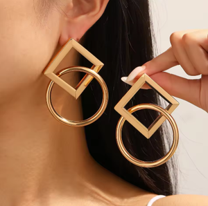 Pendientes de Moda para Mujer, Diseño Geométrico Cuadrado y Circular, Estilo Punk, Metal Dorado, Grandes, Irregulares, Geométricos, Colgantes - Product Image 1