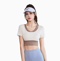 Set Yoga Wanita Warna Blok Dua Potong Lengan Pendek Celana Panjang Cepat Kering Pengangkat Pinggul Peregangan Tinggi Pakaian Olahraga Gym
