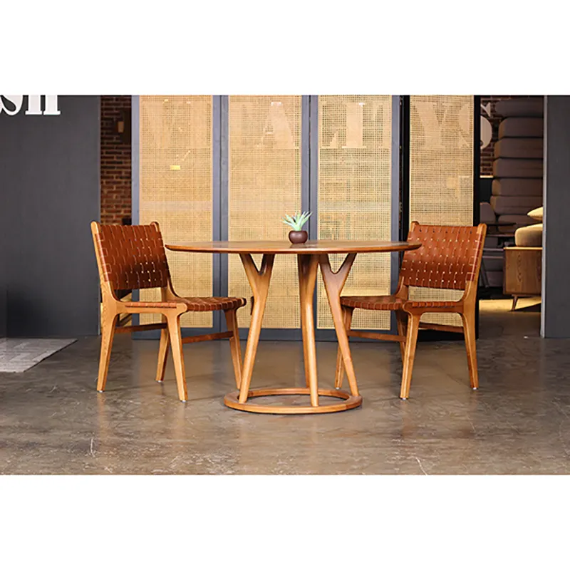 Muebles de hotel de diseño moderno, silla de caballo, silla tejida de cuero, marco de madera maciza, mesas, juego de sillas de comedor para cafetería y restaurante
