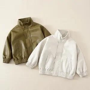 Veste en cuir pour filles de couleur blanche pour enfants printemps automne col montant manteau en cuir solide veste imperméable pour moto