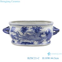 RZSC21-E-B-C Pot Bunga Oval Porselen Biru Putih Antik dengan Gagang, Model Keramik Tradisional untuk Mandi Kaki