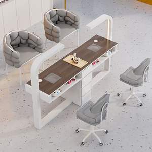 เฟอร์นิเจอร์ร้านทำผมหรูหราคุณภาพสูงใหม่ โต๊ะทำเล็บและเก้าอี้ไม้สีขาวดำพร้อมที่นั่งหลายตำแหน่ง - Product Image 2