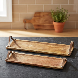 Plateau de service en céramique 18-15 I, manche en cuir marron, boîtes à fruits durables, de forme rectangulaire, sécurité alimentaire, en bois de manga, Design rustique - Product Image 2