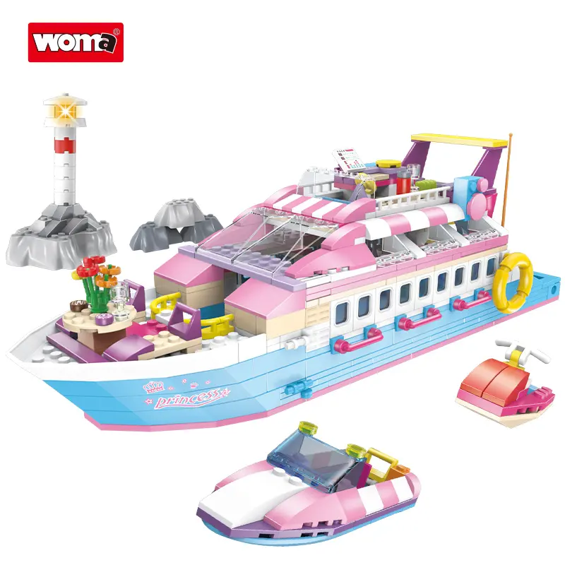 Retail Sale Toys Educational Pleasure Model Children Construction Pink Building Blocks Bricks Toy Boat Ship