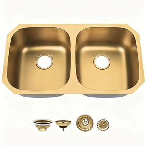 Sản xuất vàng thép không gỉ bồn rửa nhà bếp với Bát đôI hình chữ nhật hiện đại <span class=keywords><strong>undermount</strong></span> cài đặt mà không cần vòi chậu - Product Image 1