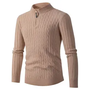 कस्टम लोगो ओम क्लासिक पुरुषों के केबल बुनाई स्वेटर सर्दियों आधा ज़िप जम्पर भारी स्वेटर