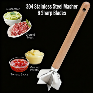 304 Stainless Steel Meat Chopper With Wooden Handle 6‑Blade Multifunctional Ground Meat Masher Potato Mashing Kitchen Cooking To - Product Image 1