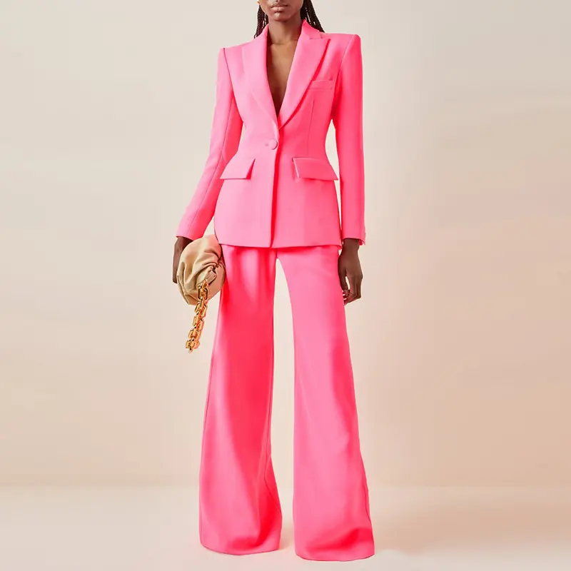 Hot Pink Western Female Turn-Down Collar Slim Waist Jacket Women Long Pants Office Lady Suit Set