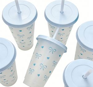 Gobelet réutilisable transparent avec couvercle et paille, motif nœud bleu, pour cadeau d'anniversaire, idéal pour les enfants et les filles, tasse de voyage en plastique - Product Image 5