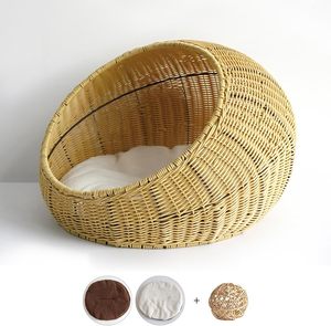 Handmade Natural Woven Wicker Rattan Pet <strong>Dog</strong> Cat <strong>Bed</strong> Nest Sleeping House Baskets with Cushion for Cat Kitten All Seasons - Product Image 1