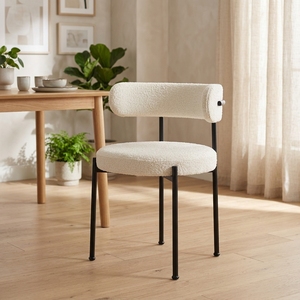 Silla de Comedor Moderna Tapizada en Color Marfil con Patas de Metal, Silla Lateral de Estilo Bouclé para Comedor - Product Image 1