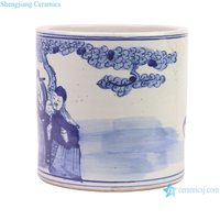 Pot Bunga Porselen Jingdezhen Biru Putih RZKT03-P, Motif Persik Panjang Umur, Keramik Cina Antik, Pot Kuas