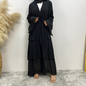 1896# Best Seller Chiffon Open <b>Abaya</b> Solid Color 3 Layered Long Sleeve Dubai Abayas Cardigan Style 9 Colors - Product Image 4