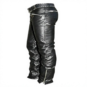 Pantalon de moto en cuir et toile pour homme, taille mi-haute, brodé, clouté, avec ceinture et fermeture boutonnée, coupe droite, pour l'hiver - Product Image 2