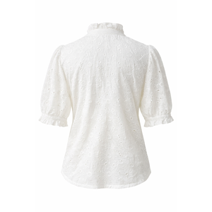 Camisa Blanca de Mujer, Tejida, 100% Algodón, Ecológica, Transpirable, con Ojales, Manga Corta, Cuello Alto, Tela Suave, Elegante, Proveedor OEM al por Mayor - Product Image 3