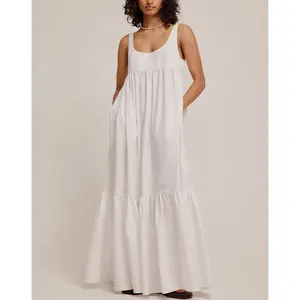 ENYA Summer Staple Women 100% Cotton Tiered Maxi Vintage Beach Dress Square Neckline Tiered Skirt Heavyweight Cotton Poplin