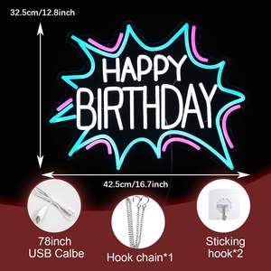 Enseigne néon LED en forme de cœur alimentée par USB, Joyeux Anniversaire, longueur de découpe 2m, indice de protection IP20, blanc/rose, blanc chaud doux 2700K, pour anniversaire - Product Image 2