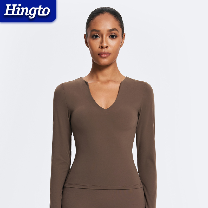 Customizable T-shirt for Women Wholesale V Neck Slim Top Sport T Shirt ODM OEM Tight Yoga Workout Long Sleeve Workout Yoga Tops