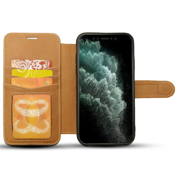 Multi-purpose Light Brown Detachable Wallet Case Leather Flip Cell Phone Shell For IPhone 11
