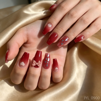Lot de 24 faux ongles à presser personnalisés, marque privée, bordeaux ombré, forme cercueil, nœud 3D, cœur, réutilisables, pour salon de beauté