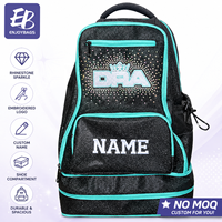 Sac de cheerleading noir avec fermetures éclair turquoise, logo de club personnalisé, strass AB, sac à dos personnalisé pour athlètes de cheerleading et de danse