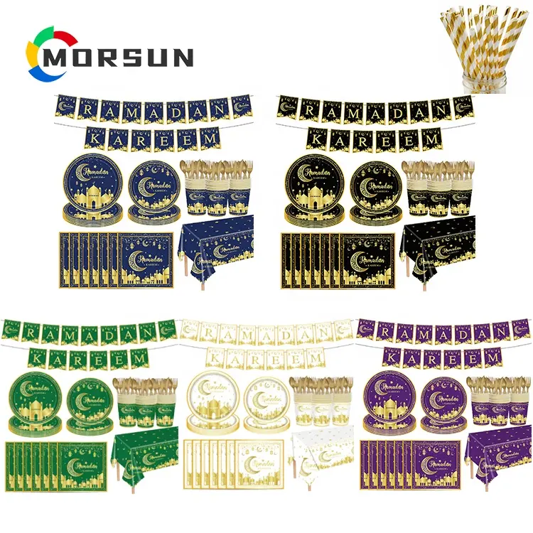 MorSun Ramadan Kareem Party Disposable Tableware Set for 24 Guests Including Banner Plates Napkins Cups Knife Fork and Spoon