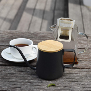 Cafetera de acero inoxidable con asa de bambú y tapa de teflón, de boca larga y pequeña, para café expreso. - Product Image 4