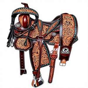 Selle Western en cuir véritable marron à motifs floraux, avec arceau en bois, pour la course de barils, portable, prête à être expédiée - Product Image 1