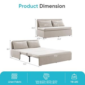 أريكة سرير قابلة للسحب بحجم كوين مع فرشة، أريكة قابلة للتحويل 2 في 1 بدون ذراعين، سرير أريكة للمساحات الصغيرة - Product Image 3