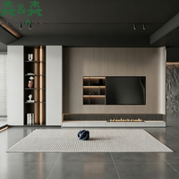 Meuble TV mural intégré SLS moderne et minimaliste, centre multimédia de luxe avec texture bois, cheminée et armoire d'affichage LED