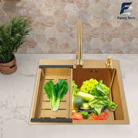 Évier de cuisine rectangulaire amovible multifonctionnel en acier inoxydable 201/304 de qualité alimentaire, finition dorée brossée anti-traces de doigts
