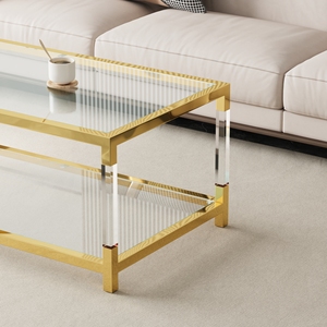 Modern Acrylic <b>Leg</b> <b>Coffee</b> <b>Table</b> Double Layer Tempered Glass Top Golden Metal Frame 47.2x23.6x17.7 Inch Living Room - Product Image 5