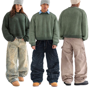 Unisex Stone Washed Knitted <b>Jumper</b> Loose Fit Cotton Pullover Vintage Crew Neck Custom Logo Sweatshirt Winter Character <b>Pattern</b> - Product Image 1