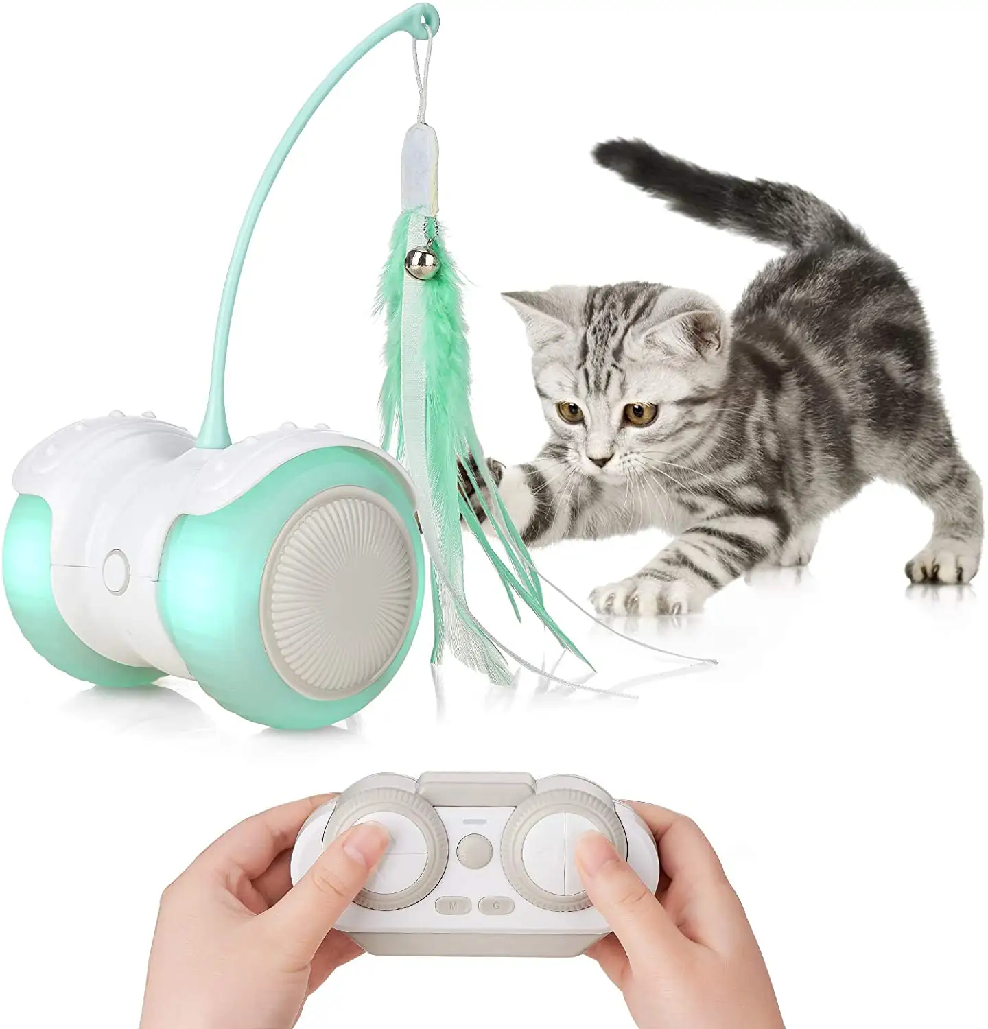 Electronic Automatic RC Control Interactive Colorful Lights Motorised 360 Rotating Pet Toy Automatic Electric Moving Cat Feather