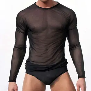 men's night club style mesh see through long sleeve button down sexy lace floral new casual men's mesh long sleeve t-shirt