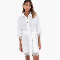 Nouvelle Robe Chemise Courte Midi Bohème Personnalisée pour Femme, Blanche, à Manches Longues, avec Broderie Paisley, Bordure en Dentelle, Boutonnée et Ceinture à Nouer
