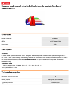 ชุดไขควงหกเหลี่ยมเคลือบผงอุตสาหกรรม <span class=keywords><strong>PB</strong></span> SWISS TOOLS 9 ชิ้น พร้อมหัวบอล - Product Image 4